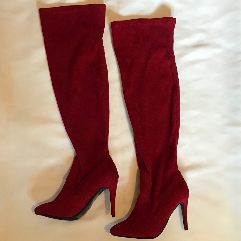 Over-the-knee Red faux-suede pointed toe boots
